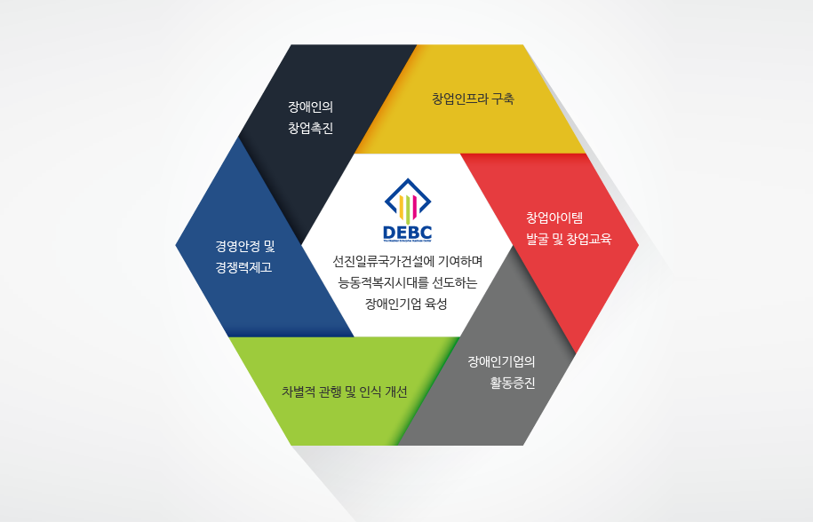 선진일류국가건설에 기여하며 능동적 복지시대를 선도하는 장애인기업 육성 — 장애인의 창업촉진(창업인프라 구축, 창업아이템 발굴 및 창업교육), 장애인기업의 활동증진(차별적 관행 및 인식 개선, 경영안정 및 경쟁력제고)
